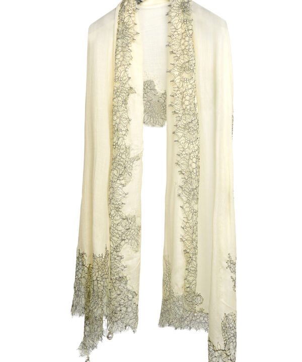 100% Cashmere and Embroidered Shawl – White with Black Lace