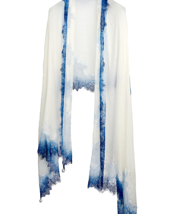 100% Cashmere and Embroidered Shawl - White with Blue Lace